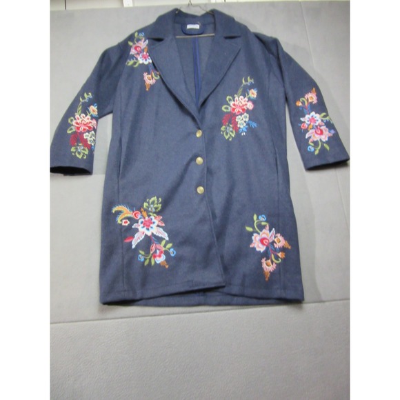 Time For Me Jackets & Blazers - Trench Coat Jacket Women XL Blue Floral Vibrant Embroidered Longline Blazer
